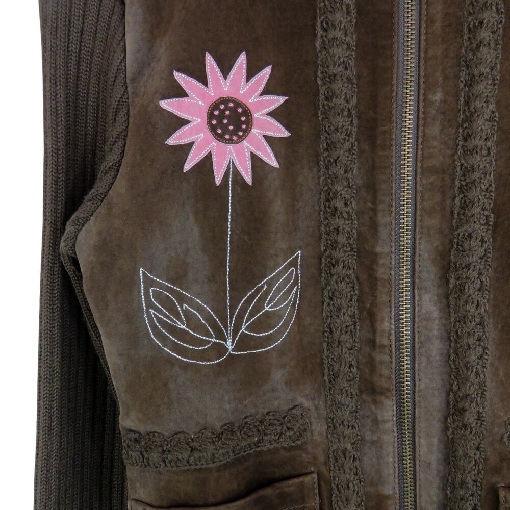 Paraphrase Y2K Brown Suede Jacket Pink Embroidered Flower Vintage Jacket Small - Picture 4 of 5